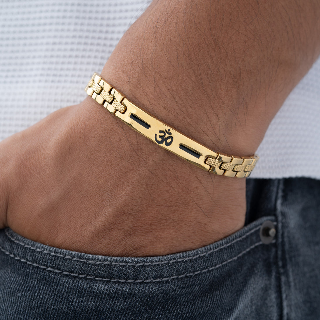 Premium Om Gold plated Bracelet For Men With Black Line Pattern