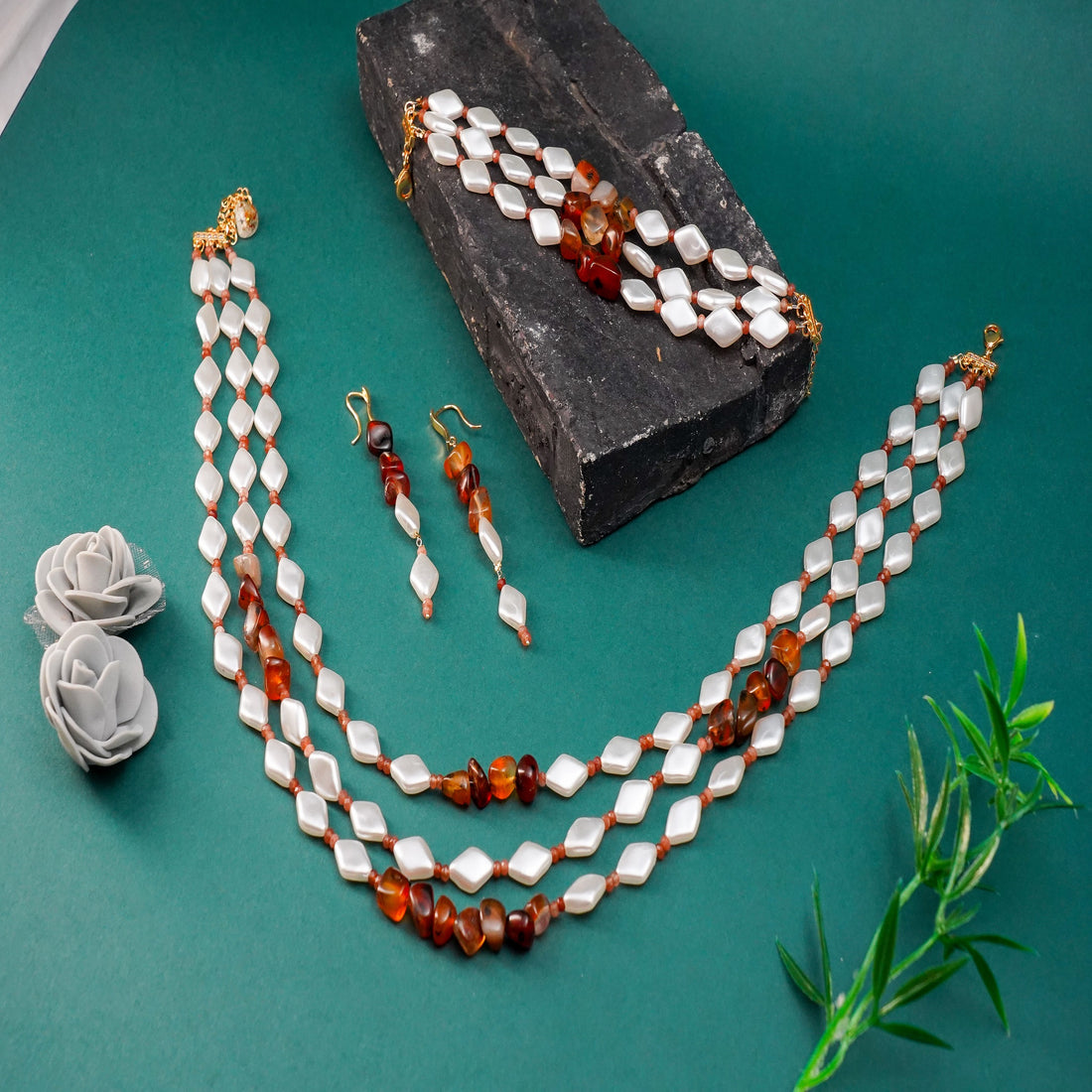 Pearl and Raw Agate Necklace with Premium Brass Accents