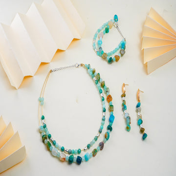 Elegant Agate and Jade Stone Jewelry Set with Brass Accents