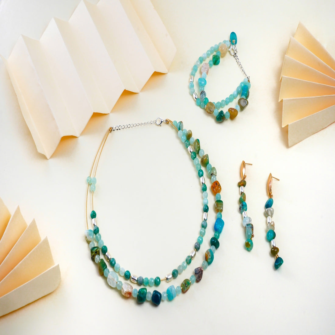 Elegant Agate and Jade Stone Jewelry Set with Brass Accents