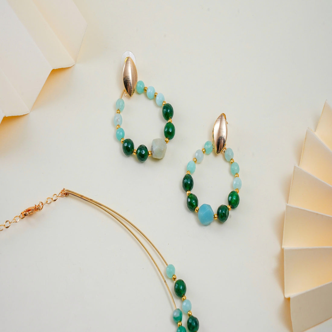 Amazonite and Jade Stone Jewelry Set with Brass Accents