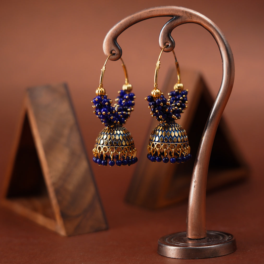 Elegant Blue Beaded Jhumka Earrings with Antique Gold Finish