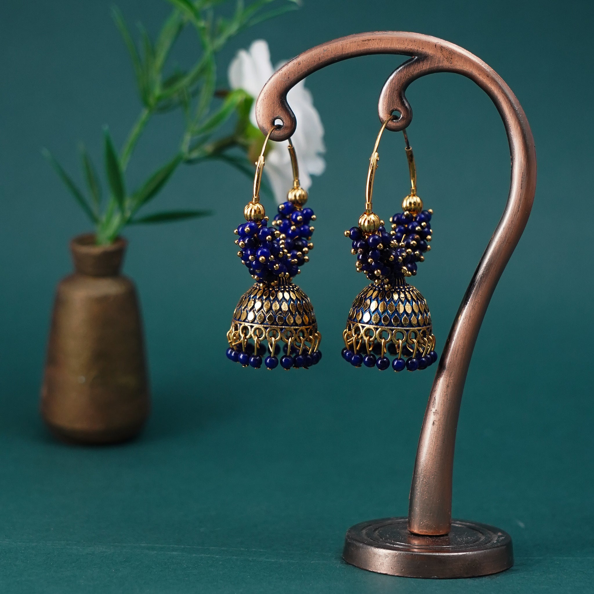 Elegant Blue Beaded Jhumka Earrings with Antique Gold Finish