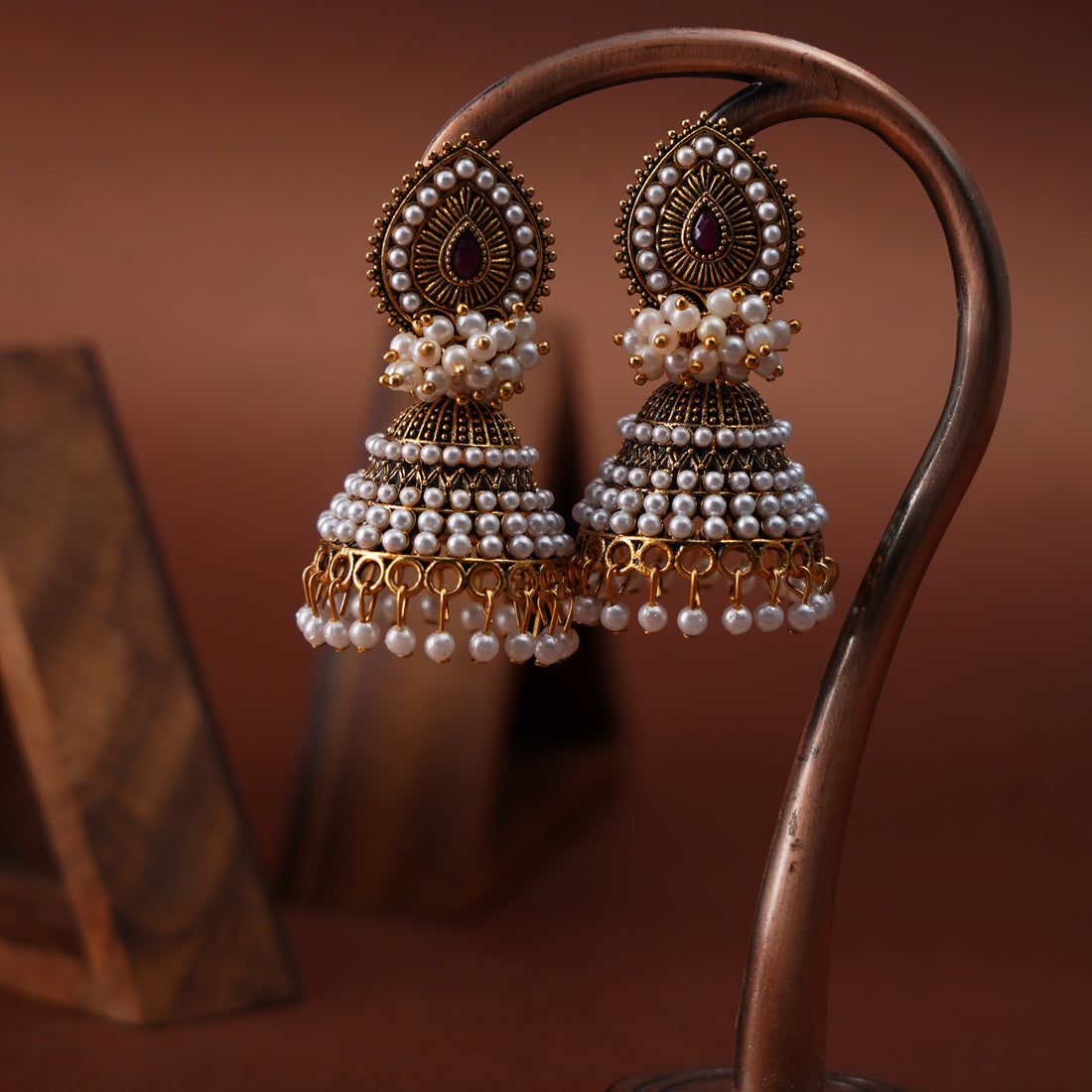 Gold Oxidised Pearl Jhumka Earrings for Girls and Women.