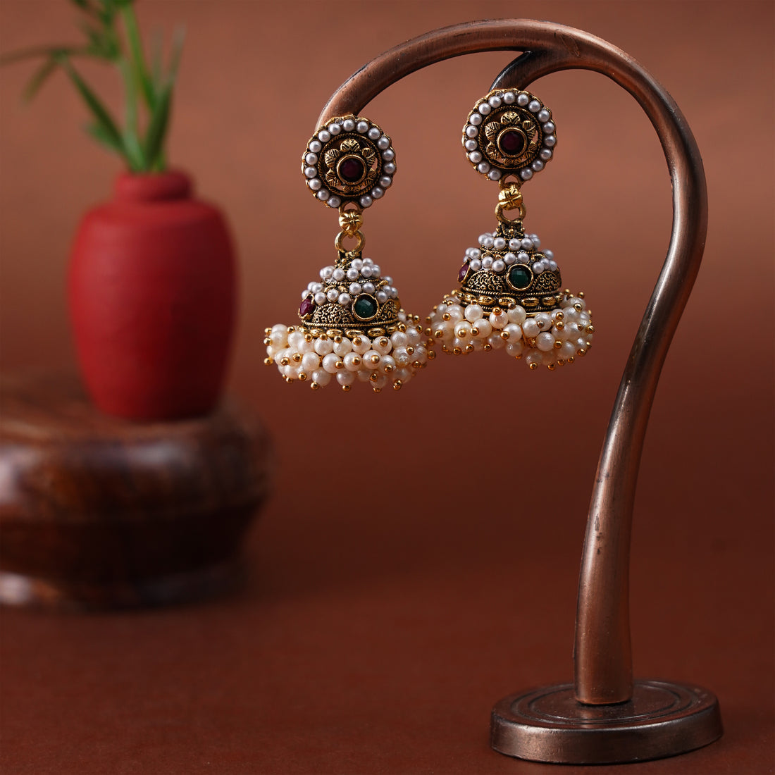 Pearl and Gemstone Jhumka Earrings – Timeless Elegance in Every Detail