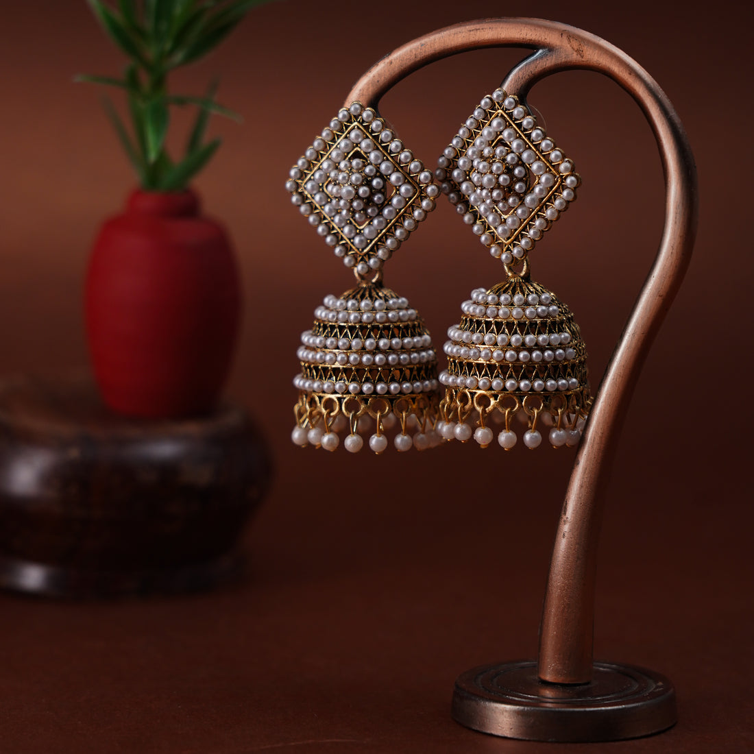 Golden Pearl Jhumka Earrings for Girls and Women.