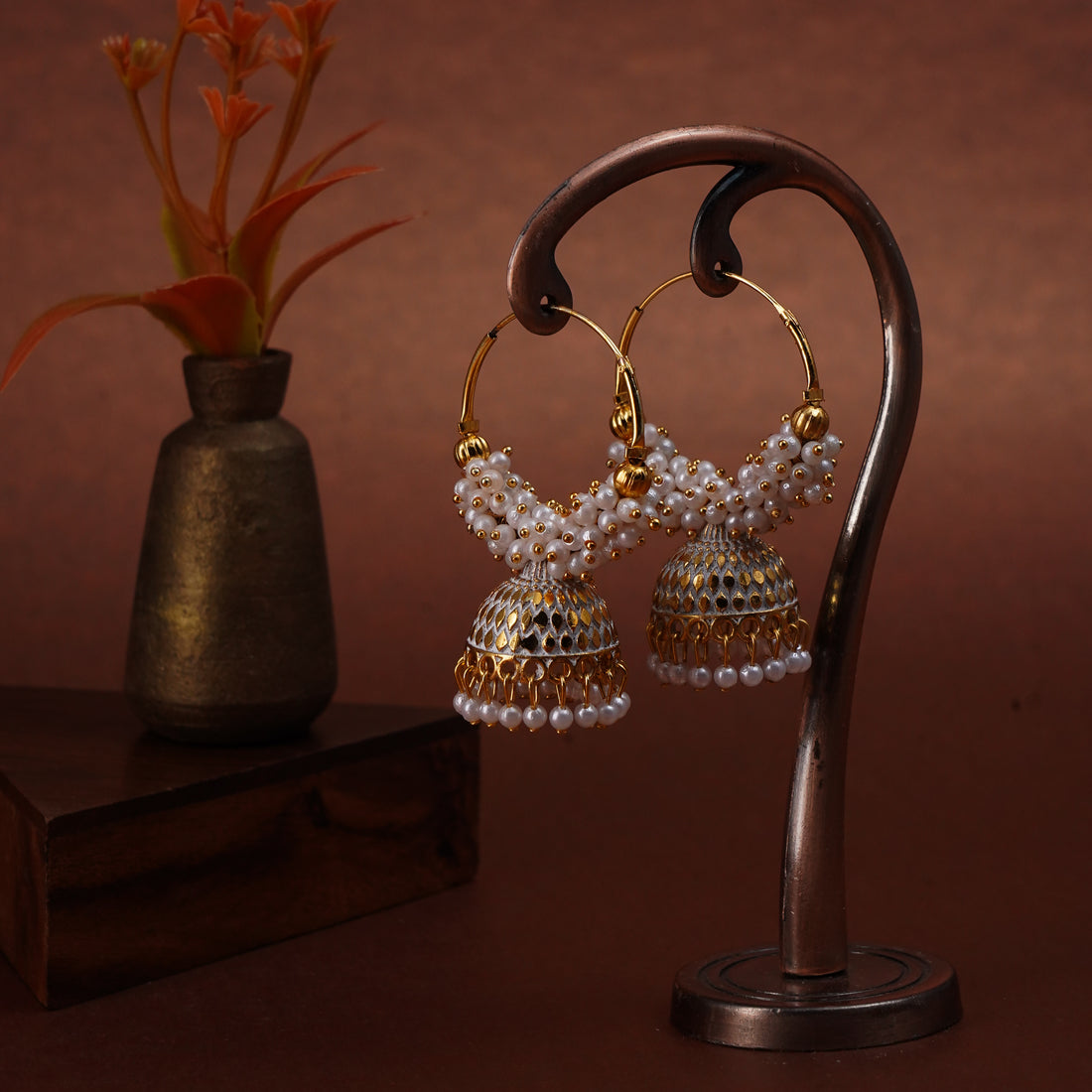 Pearl Attached Hoop white Jhumka Earrings for Girls and Women.