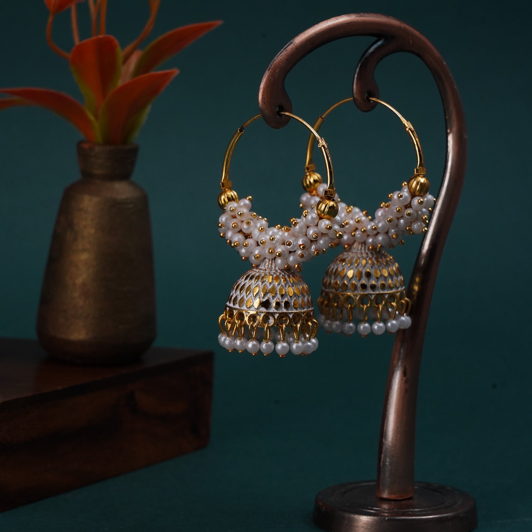 Pearl Attached Hoop white Jhumka Earrings for Girls and Women.