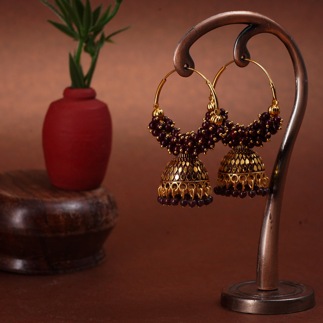 Pearl Attached Hoop Maroon Jhumka Earrings for Girls and Women.