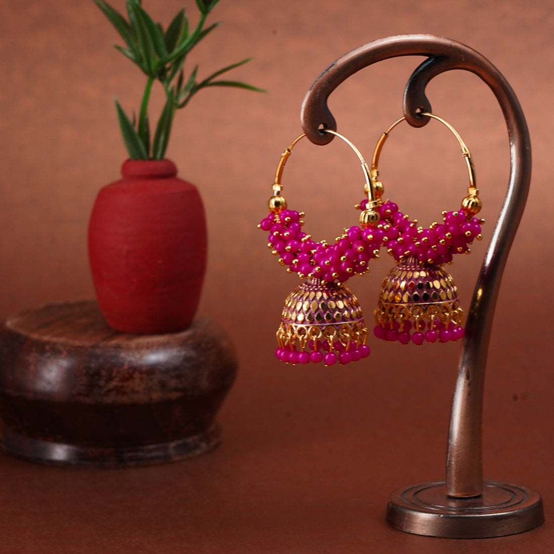 Elegant Pink Beaded Hoop Jhumkas with Gold Detailing