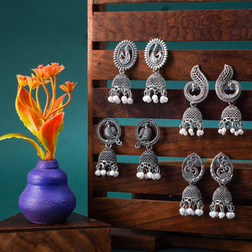 Silver Oxidised Combo Jhumka Earrings for Girls